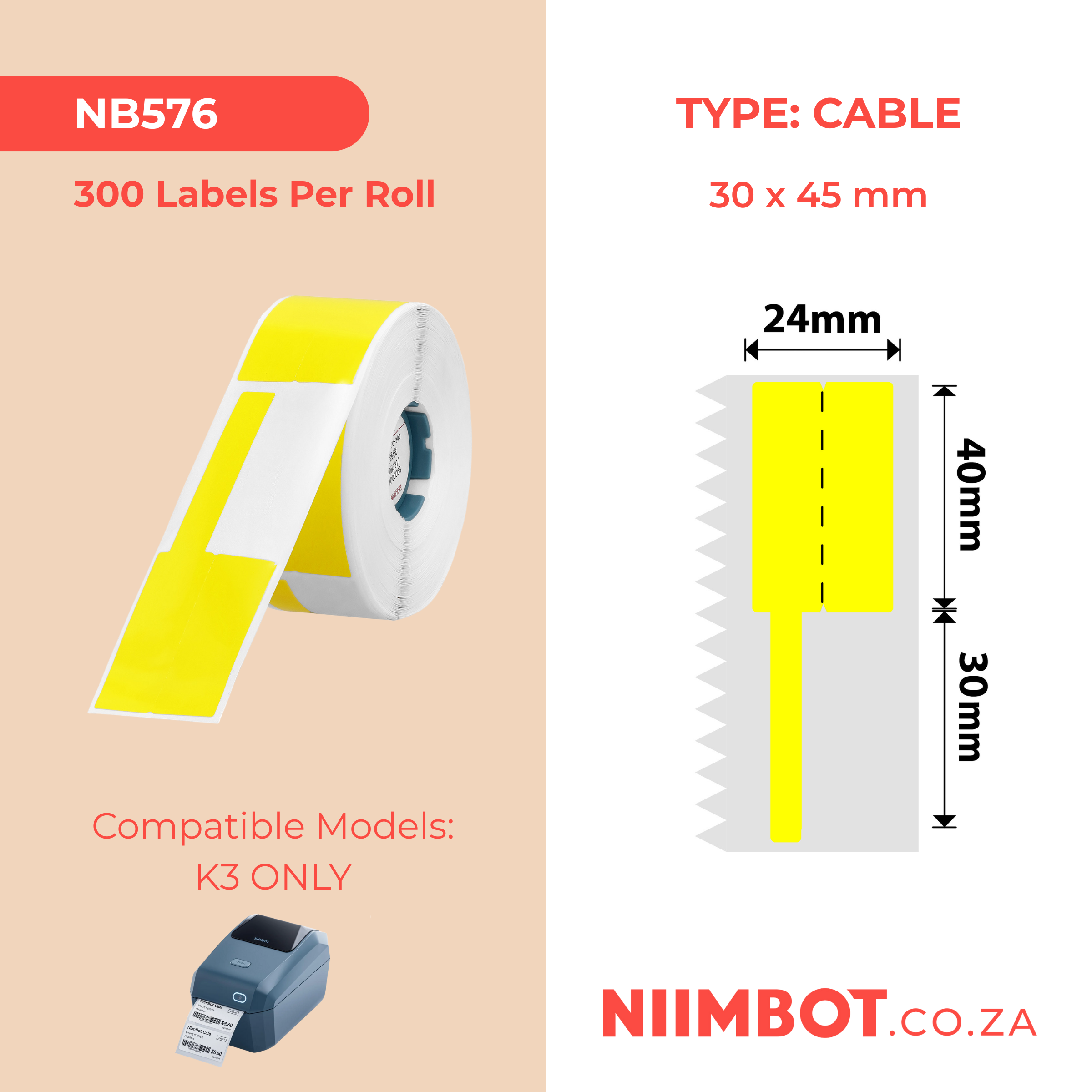 NB576 - NIIMBOT - K2 / K3 - T30X45+50MM - 300 ÉTIQUETTES PAR ROULEAU - JAUNE - CÂBLE