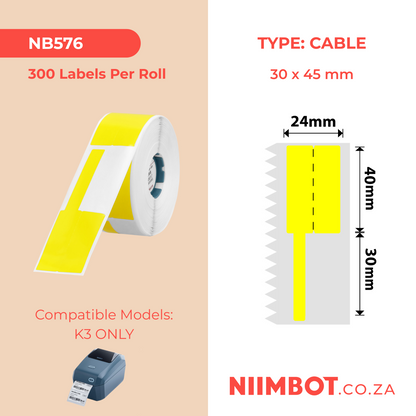NB576 - NIIMBOT - K2 / K3 - T30X45+50MM - 300 ÉTIQUETTES PAR ROULEAU - JAUNE - CÂBLE