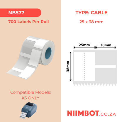 NB577 - NIIMBOT - K2 / K3 - T25X38+30MM - 700 ÉTIQUETTES PAR ROULEAU - CÂBLE BLANC