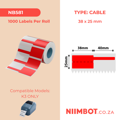 NB581 - NIIMBOT - SOLO K3 - T38X25+40MM - 1.000 ETICHETTE PER ROTOLO - CAVO ROSSO