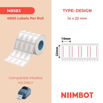 NB583 - NIIMBOT - SOLO K3 - T14X22MM/4L - 4.800 ETICHETTE PER ROTOLO - DOPPIA LINEA ROSSA