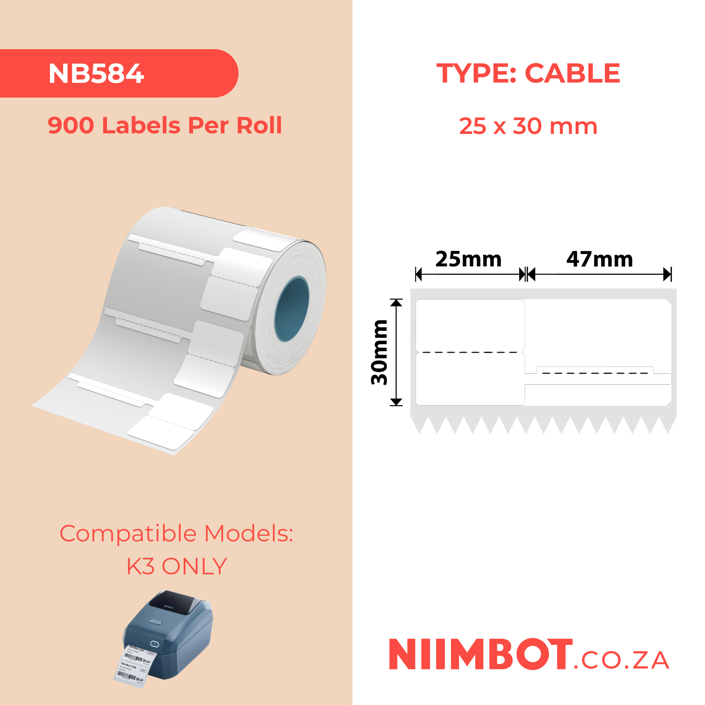 NB584 - NIIMBOT - K3 ONLY - 25X30+47MM - 900 WHITE JEWELLERY LABELS