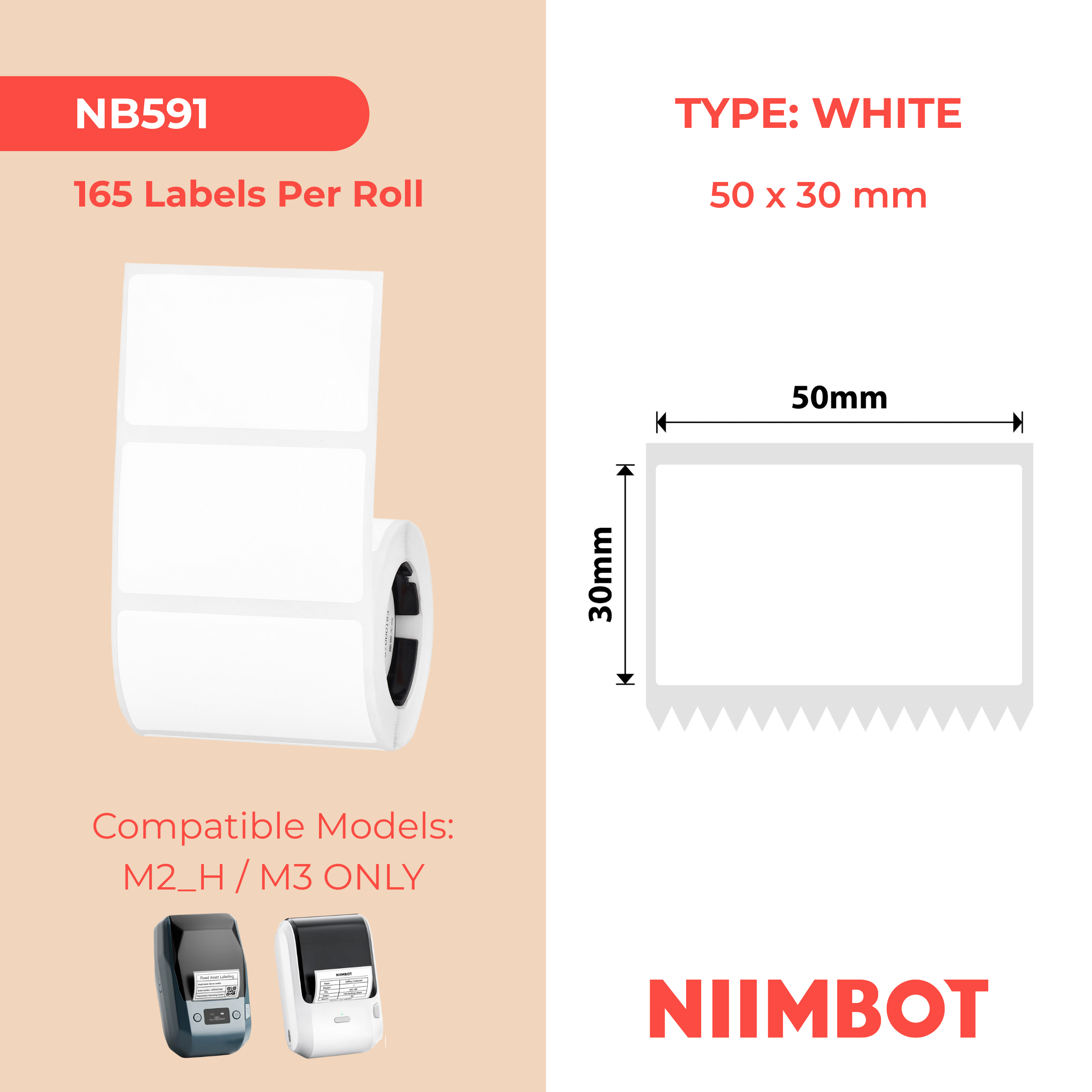 NB591 - NIIMBOT - M2 / M3 - V50X30MM - 165 ETICHETTE A TRASFERIMENTO TERMICO - BIANCO - PVC