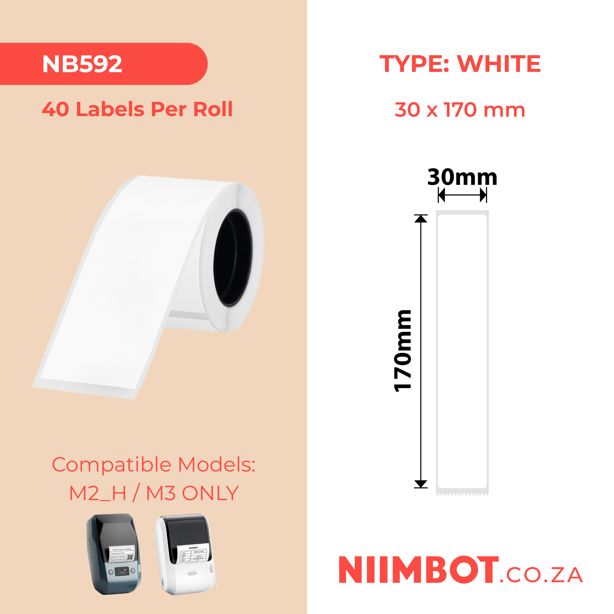 NB592 - NIIMBOT - M2 / M3 - EW30X170MM - 40 ÉTIQUETTES THERMIQUES - BLANCHES - ÉTIQUETTES POUR DOSSIERS - PET