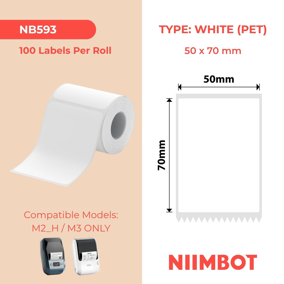 NIIMBOT - M Range - 50x70mm - White PET - 100 Labels