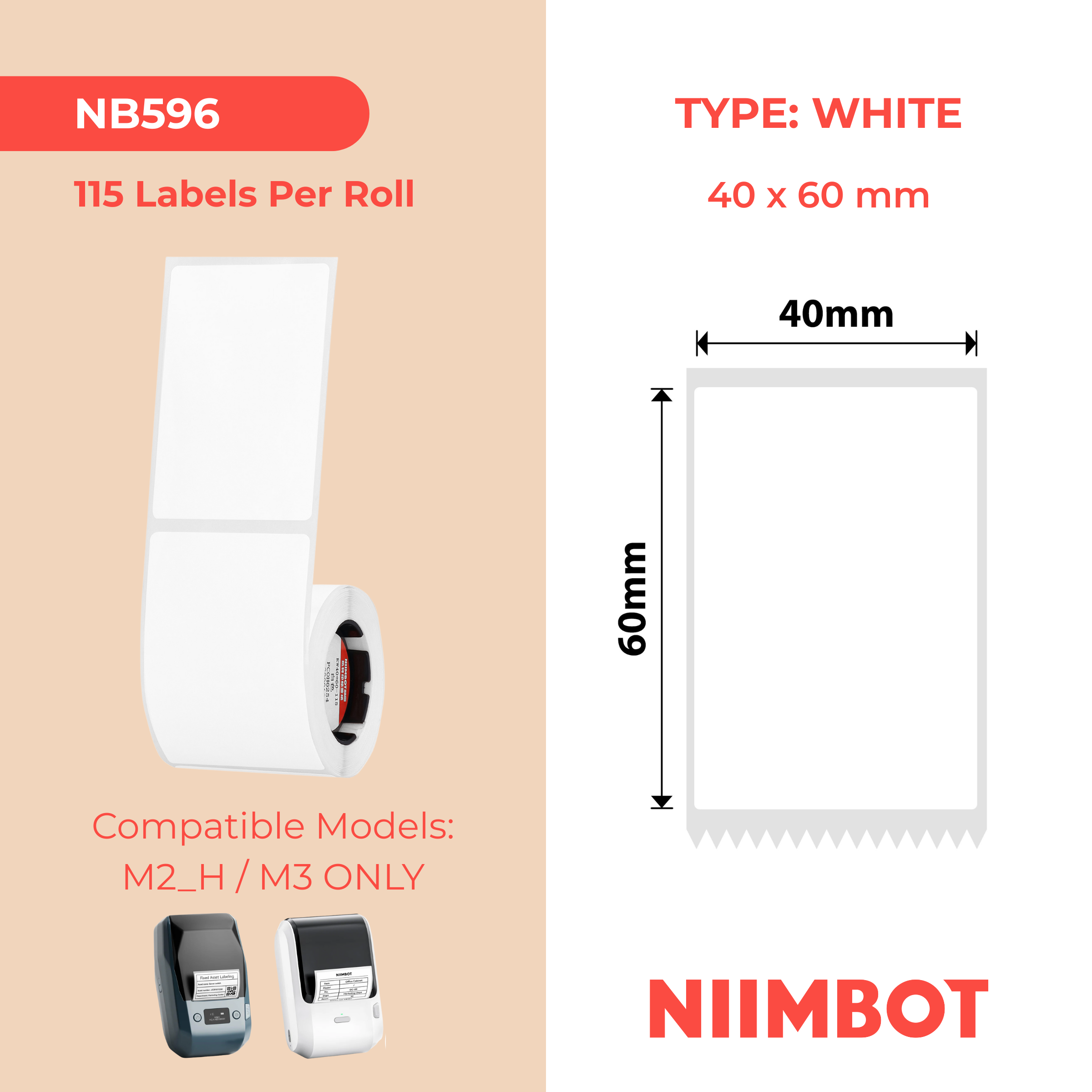 NB596 - NIIMBOT - M2 / M3 - EW40X60MM - 115 ÉTIQUETTES À TRANSFERT THERMIQUE - BLANCHES - RECTANGULAIRES - PET