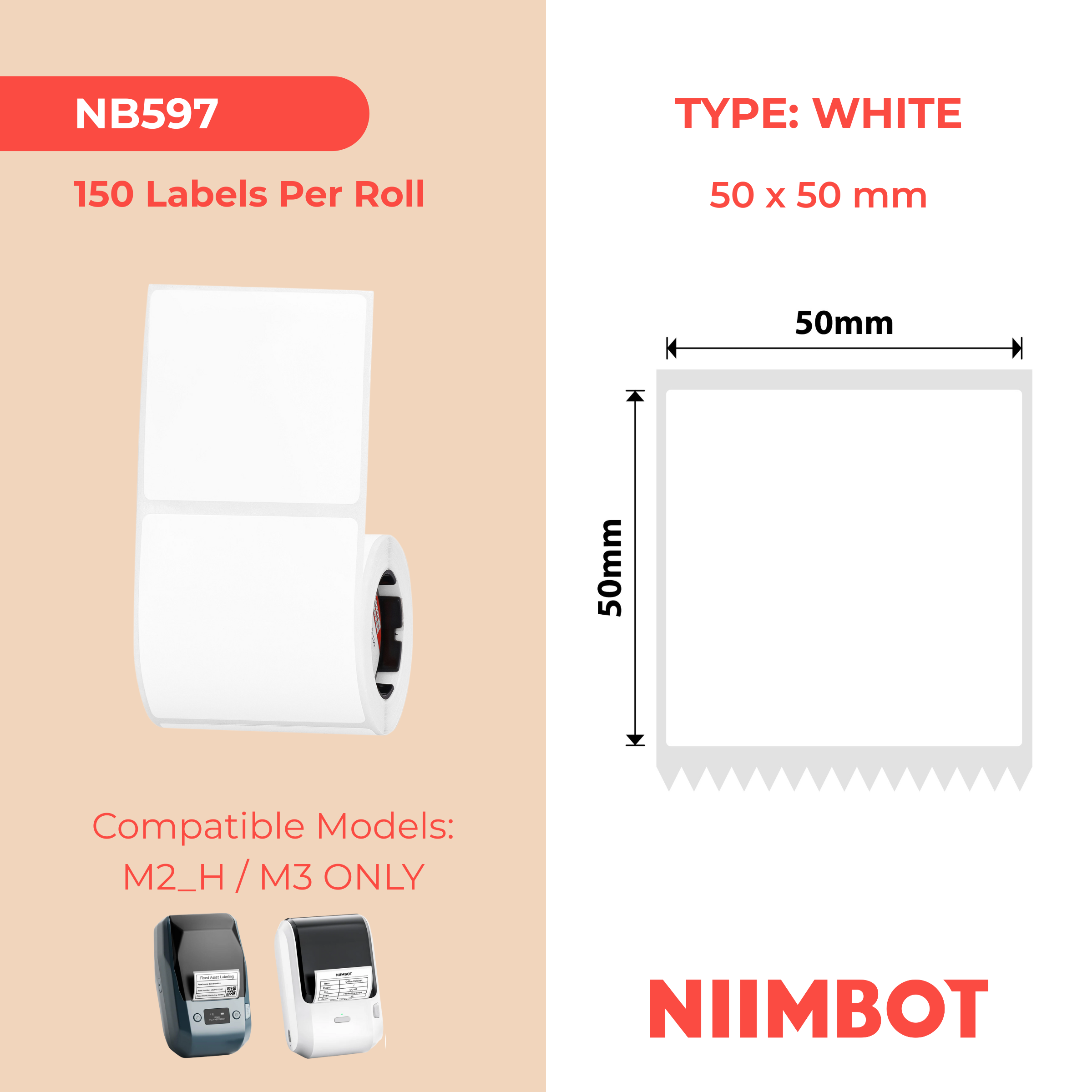 NB597 - NIIMBOT - M2 / M3 - 50X50MM - 150 WHITE PET LABELS