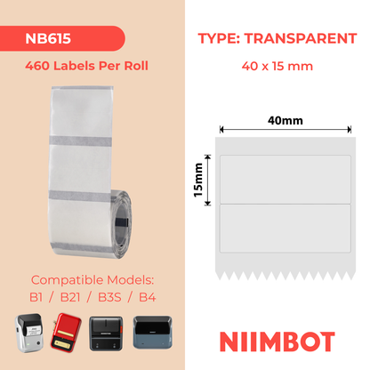NB615 - NIIMBOT - B1 / B21 / B3S / B4 - TT40X15MM/2R - 460 ETICHETTE PER ROTOLO - TRASPARENTE
