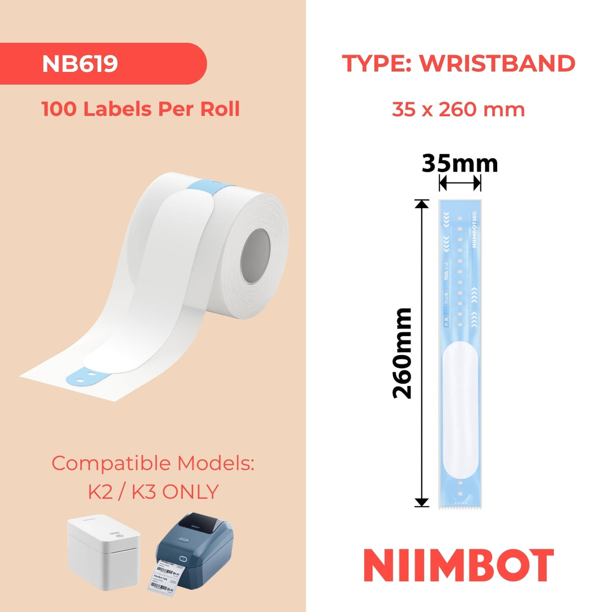 NIIMBOT - K Range - 35x260mm - 100 Adult Blue Wristbands