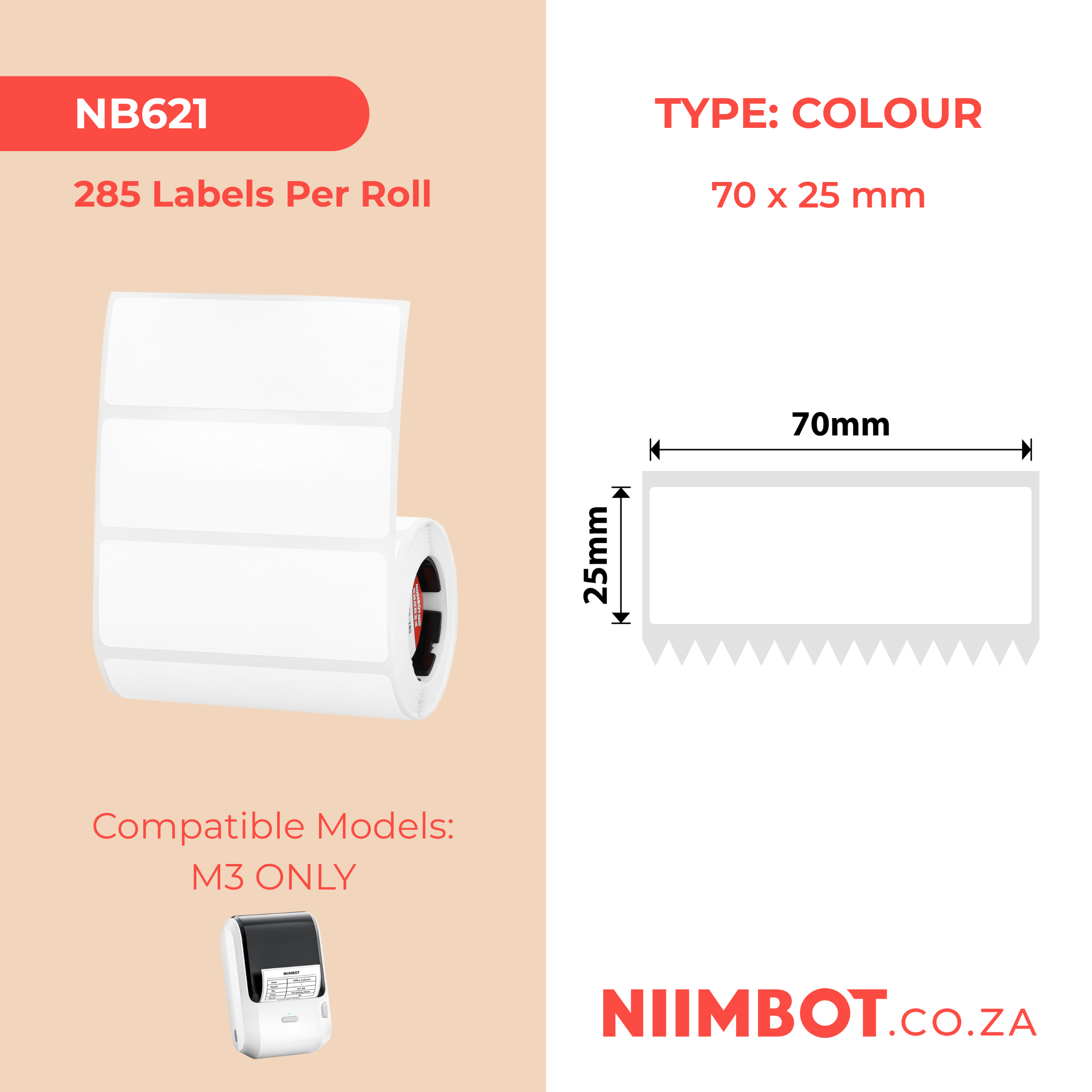 NB621 - NIIMBOT - M3 UNIQUEMENT - EW70X25MM - 285 ÉTIQUETTES À TRANSFERT THERMIQUE - BLANCHES - RECTANGULAIRES