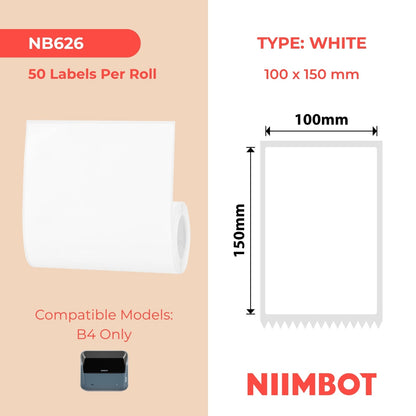 NB626 - NIIMBOT - B4 UNIQUEMENT - T100X150MM - 50 ÉTIQUETTES - BLANCHES