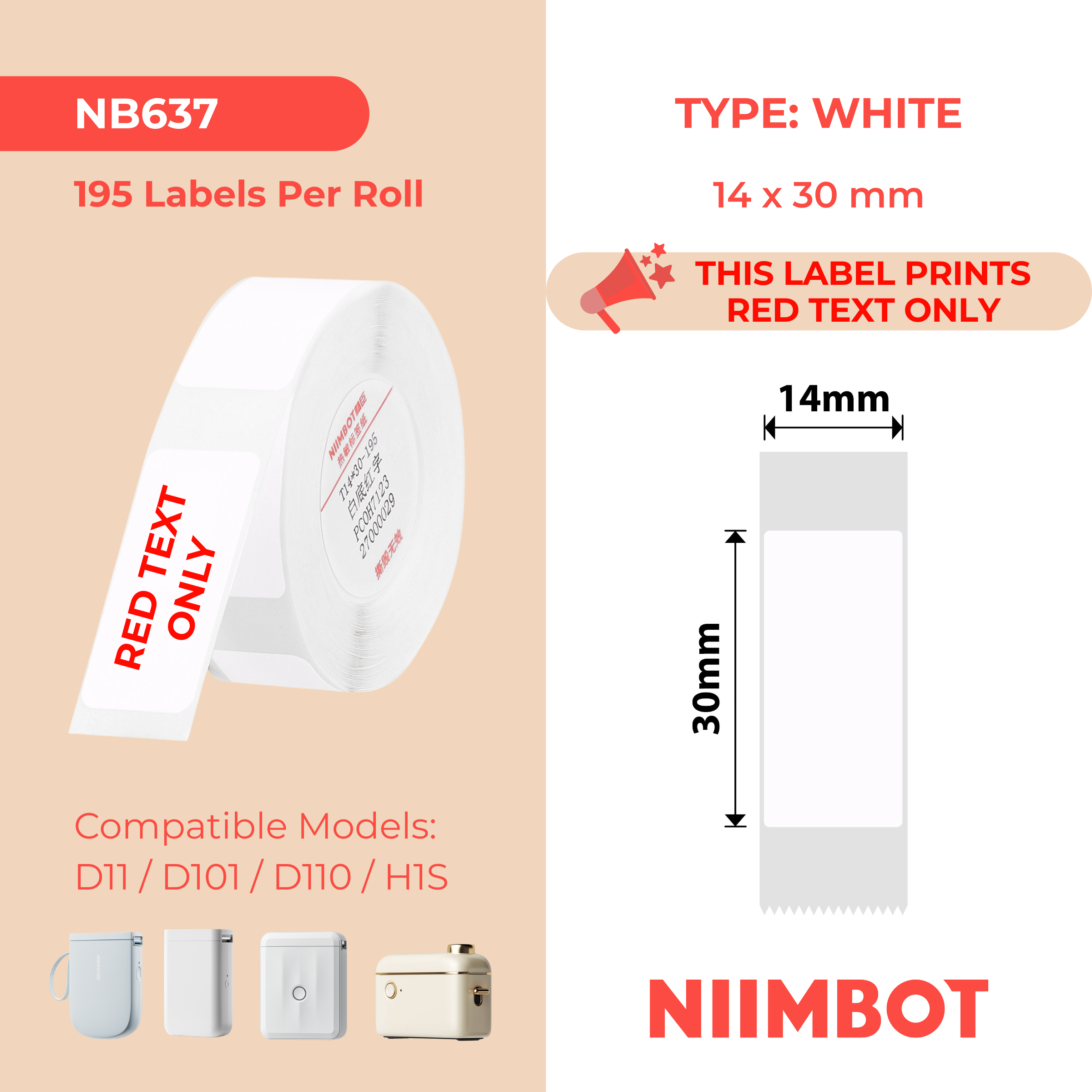 NB637 - NIIMBOT - D11 / D101 / D110 / H1S - T14X30MM - 195 ETICHETTE PER ROTOLO - BIANCO - SOLO TESTO ROSSO - RETTANGOLO