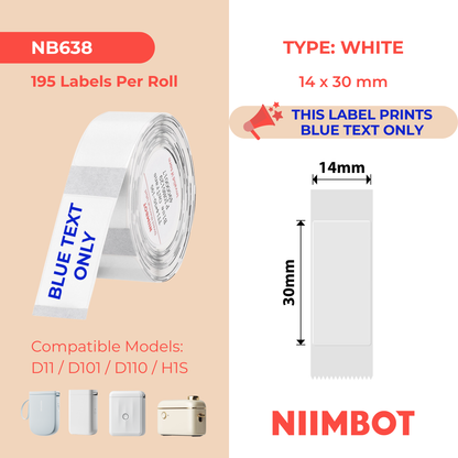 NB638 - NIIMBOT - D11 / D101 / D110 / H1S - T14X30MM - 195 ETICHETTE PER ROTOLO - TRASPARENTE - SOLO TESTO BLU - RETTANGOLO