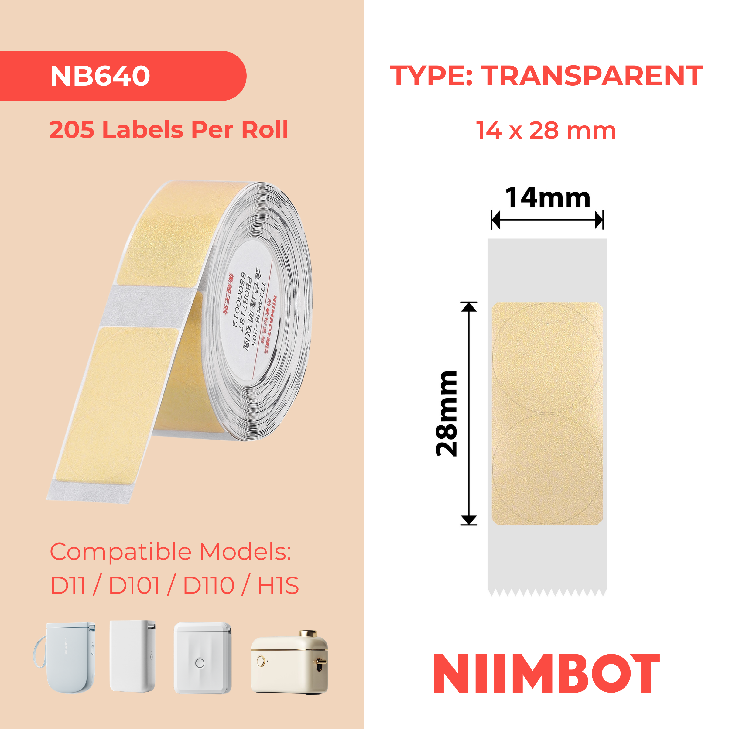NB640 - NIIMBOT - D11 / D101 / D110 / H1S - 14X28MM - 205 ROUND GOLD TRANSPARENT LABELS