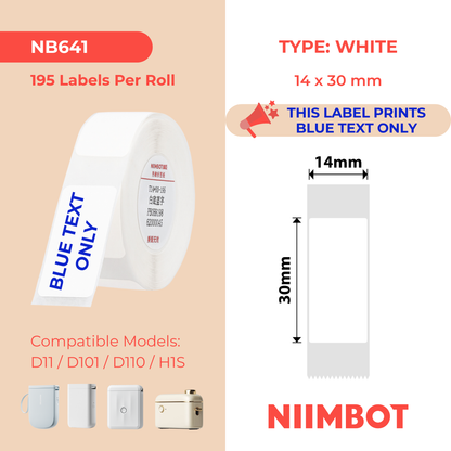 NB641 - NIIMBOT - D11 / D101 / D110 / H1S - T14X30MM - 195 ETICHETTE PER ROTOLO - BIANCO - SOLO TESTO BLU - RETTANGOLO