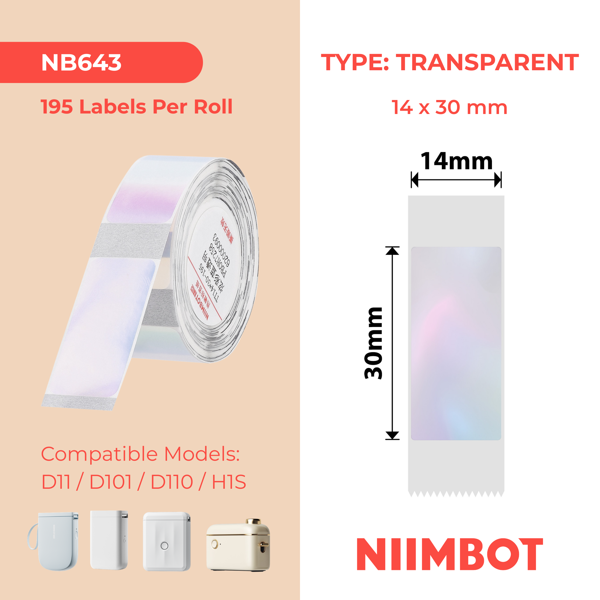 NB643 - NIIMBOT - D11 / D101 / D110 / H1S - TT14X30MM - 195 ÉTIQUETTES PAR ROULEAU - BLEU TRANSPARENT COLORÉ - RECTANGULAIRE