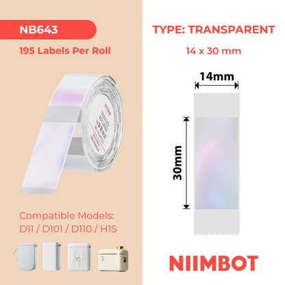 NB643 - NIIMBOT - D11 / D101 / D110 / H1S - TT14X30MM - 195 ÉTIQUETTES PAR ROULEAU - BLEU TRANSPARENT COLORÉ - RECTANGULAIRE