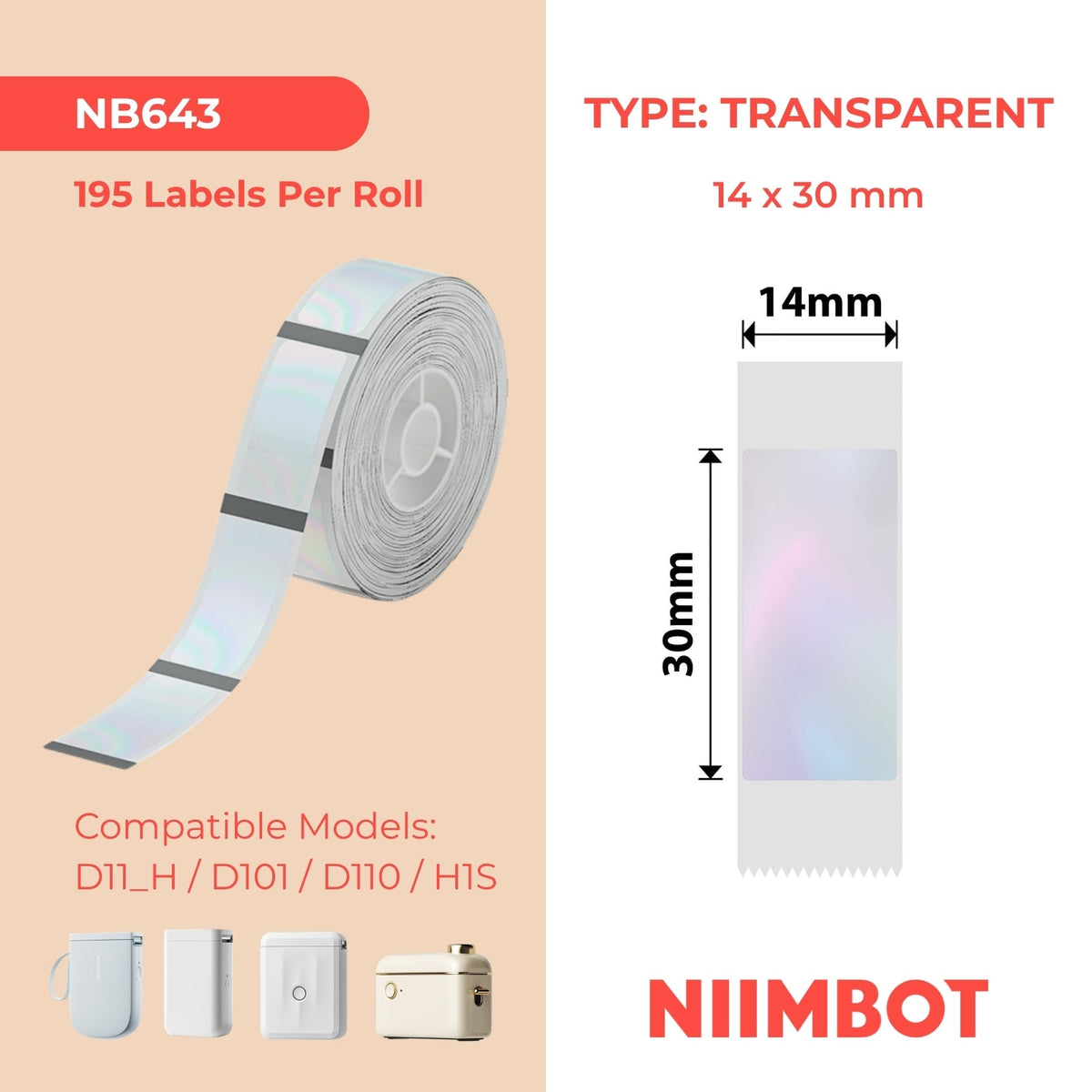 NB643 - NIIMBOT - D11 / D101 / D110 / H1S - TT14X30MM - 195 ÉTIQUETTES PAR ROULEAU - BLEU TRANSPARENT COLORÉ - RECTANGULAIRE