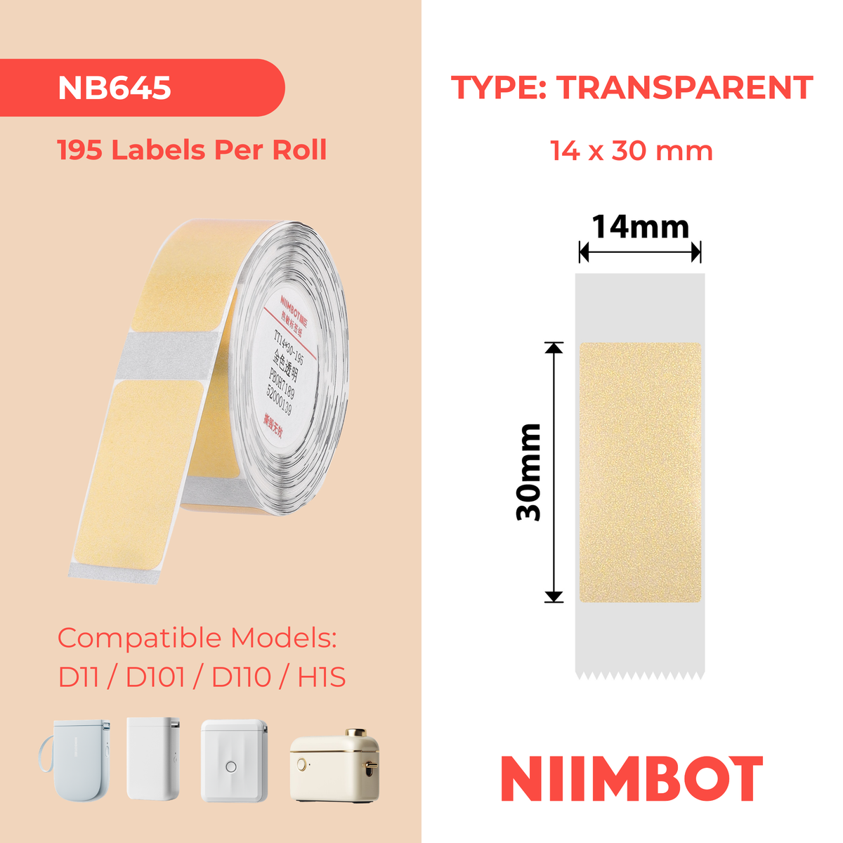 NIIMBOT - D Range - 14x30mm - Gold Transparent - 195 Labels