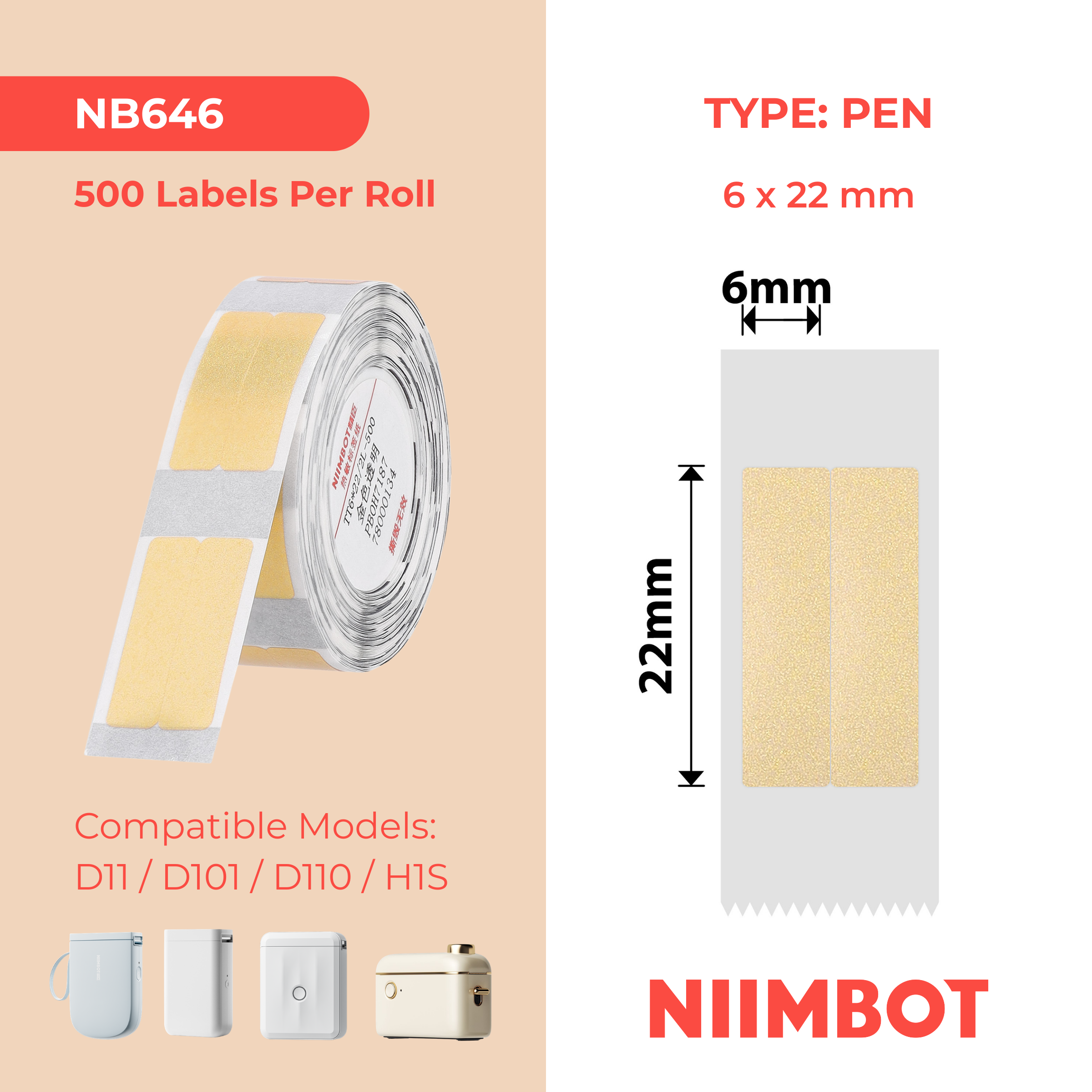 NB646 - NIIMBOT - D11 / D101 / D110 / H1S - TT6X22/2L - 500 ÉTIQUETTES PAR ROULEAU - TRANSPARENTES OR - PAPETERIE - RECTANGULAIRE