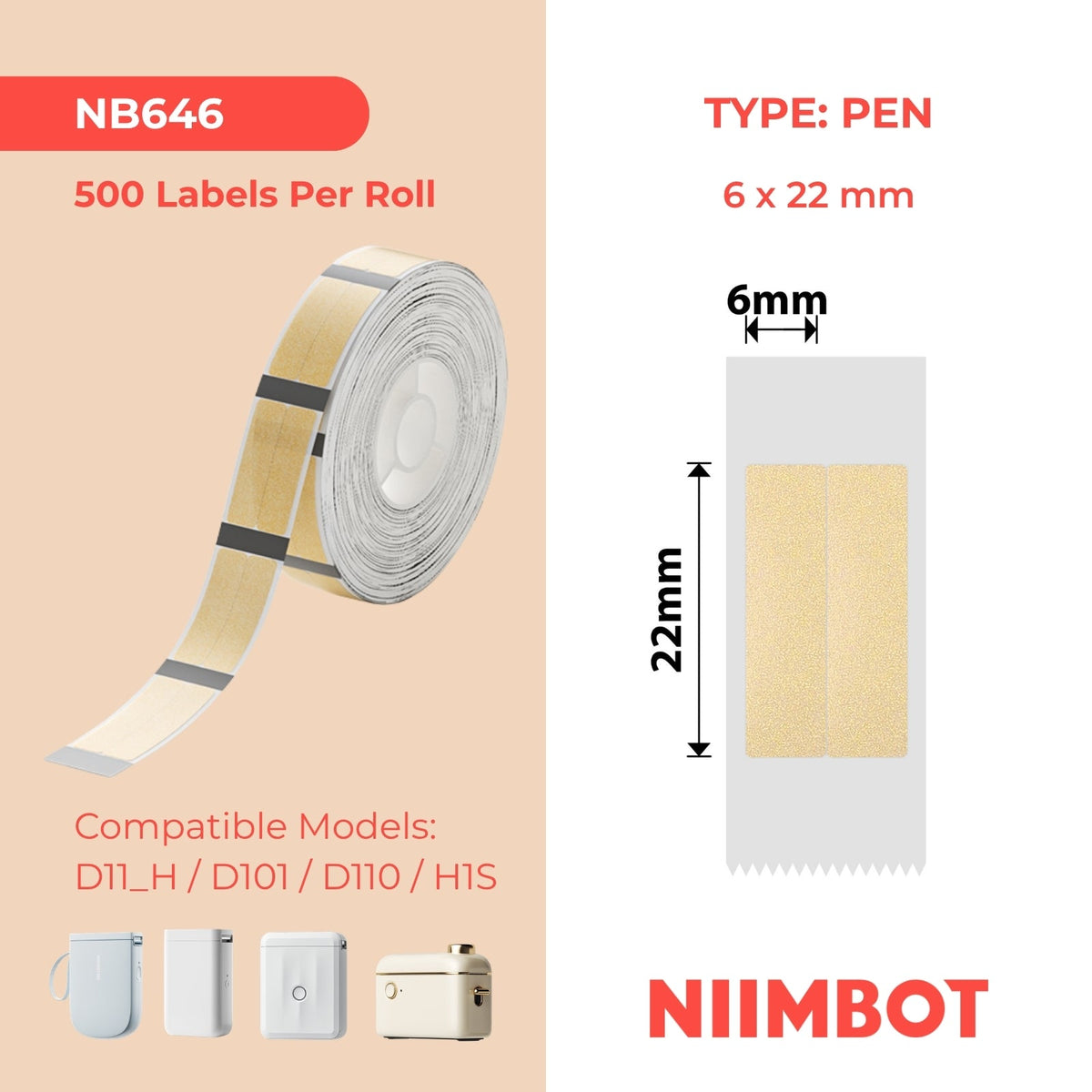 NB646 - NIIMBOT - D11 / D101 / D110 / H1S - TT6X22/2L - 500 ETICHETTE PER ROTOLO - ORO TRASPARENTE - PENNA DA LETTERA - RETTANGOLO