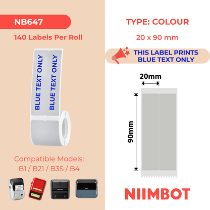 NB647 - NIIMBOT - B1 / B21 / B3S / B4 - 20X90/2L - 140 SILVER GREY BLUE TEXT ONLY LABELS