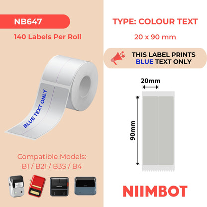NB647 - NIIMBOT - B1 / B21 / B3S / B4 - T20X90/2L - 140 ETICHETTE PER ROTOLO - GRIGIO ARGENTO - SOLO TESTO BLU - RETTANGOLO