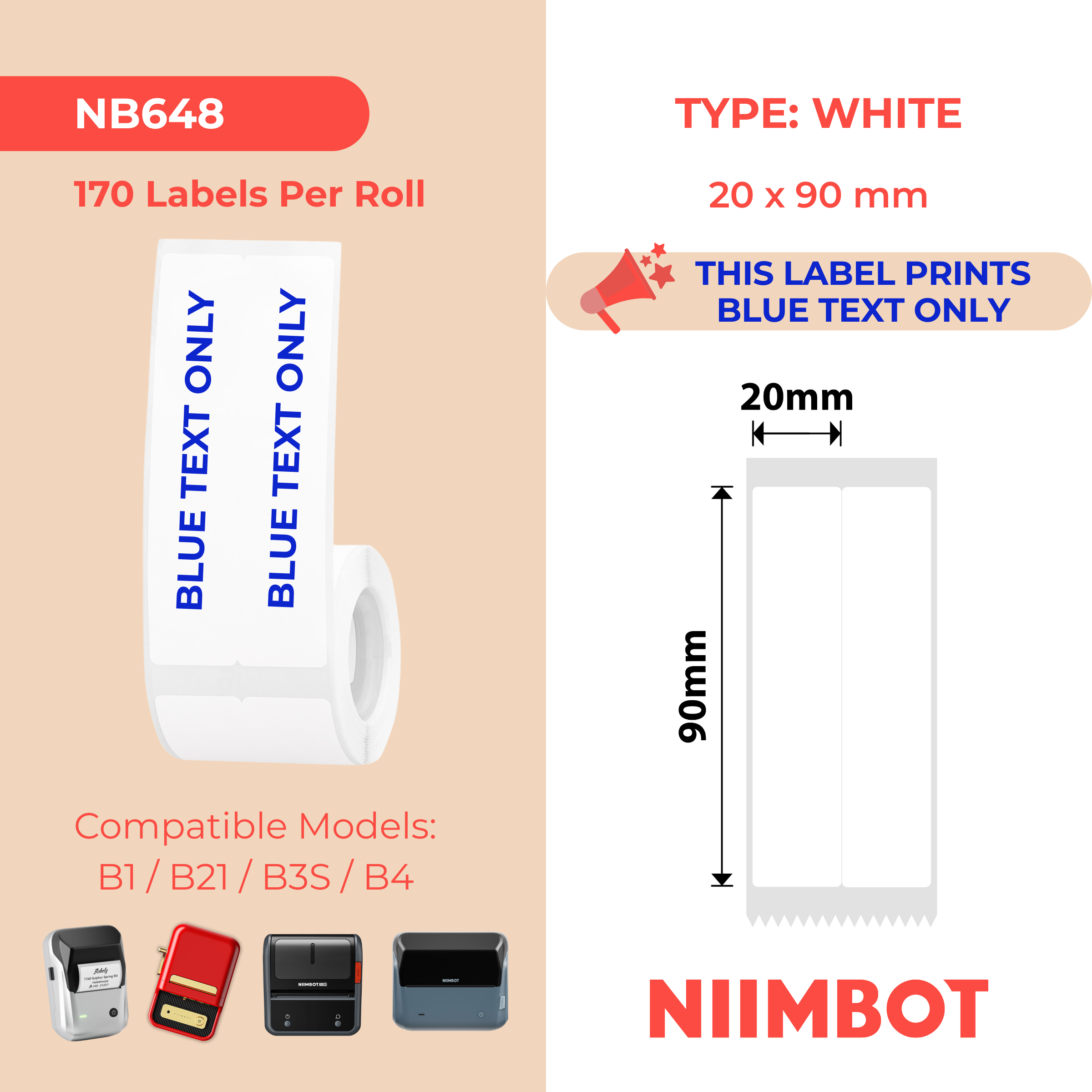 NB648 - NIIMBOT - B1 / B21 / B3S / B4 - T20X90/2L - 170 ÉTIQUETTES PAR ROULEAU - BLANCHES - TEXTE BLEU UNIQUEMENT - RECTANGULAIRES