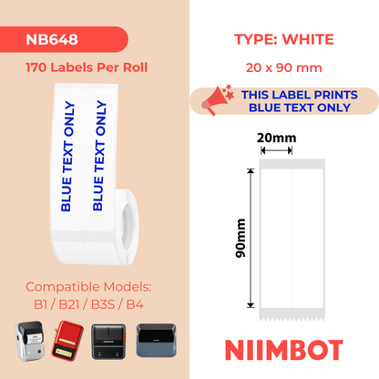 NB648 - NIIMBOT - B1 / B21 / B3S / B4 - T20X90/2L - 170 ÉTIQUETTES PAR ROULEAU - BLANCHES - TEXTE BLEU UNIQUEMENT - RECTANGULAIRES