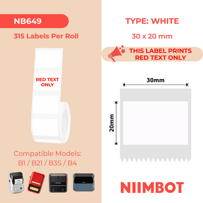 NB649 - NIIMBOT - B1 / B21 / B3S / B4 - T30X20 - 315 ETICHETTE PER ROTOLO - BIANCO - SOLO TESTO ROSSO - RETTANGOLO