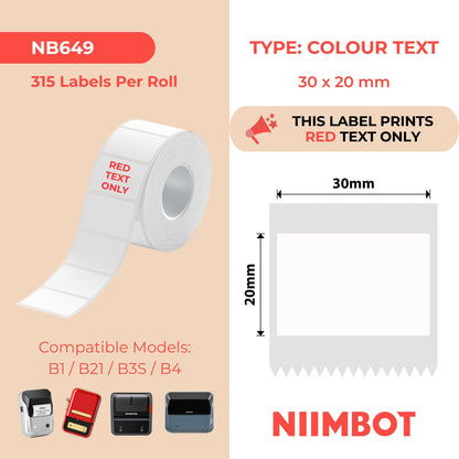 NIIMBOT - B Range - 30x20mm - White Red Text Only - 315 Labels
