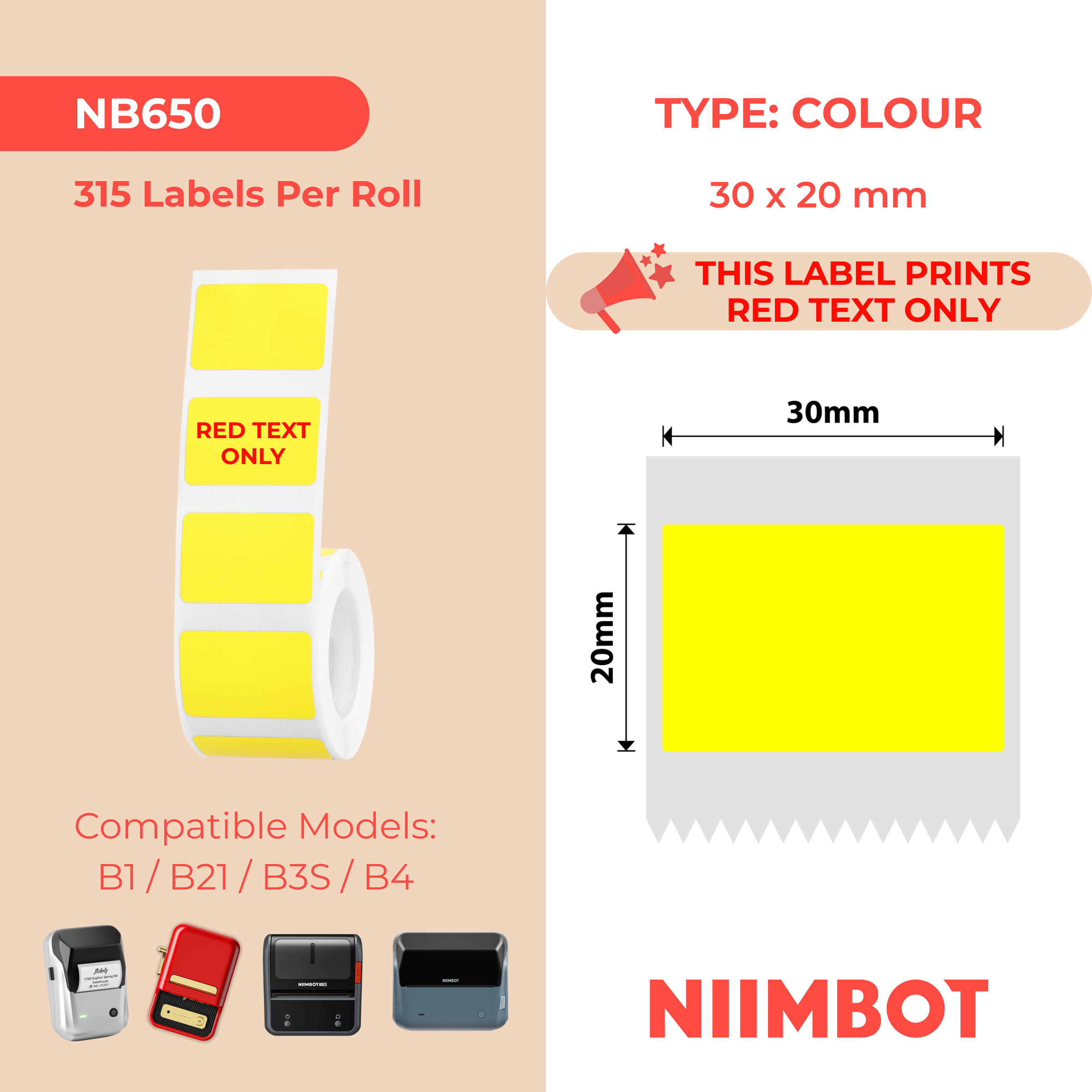 NB650 - NIIMBOT - B1 / B21 / B3S / B4 - T30X20 - 315 ETICHETTE PER ROTOLO - GIALLO - SOLO TESTO ROSSO - RETTANGOLO