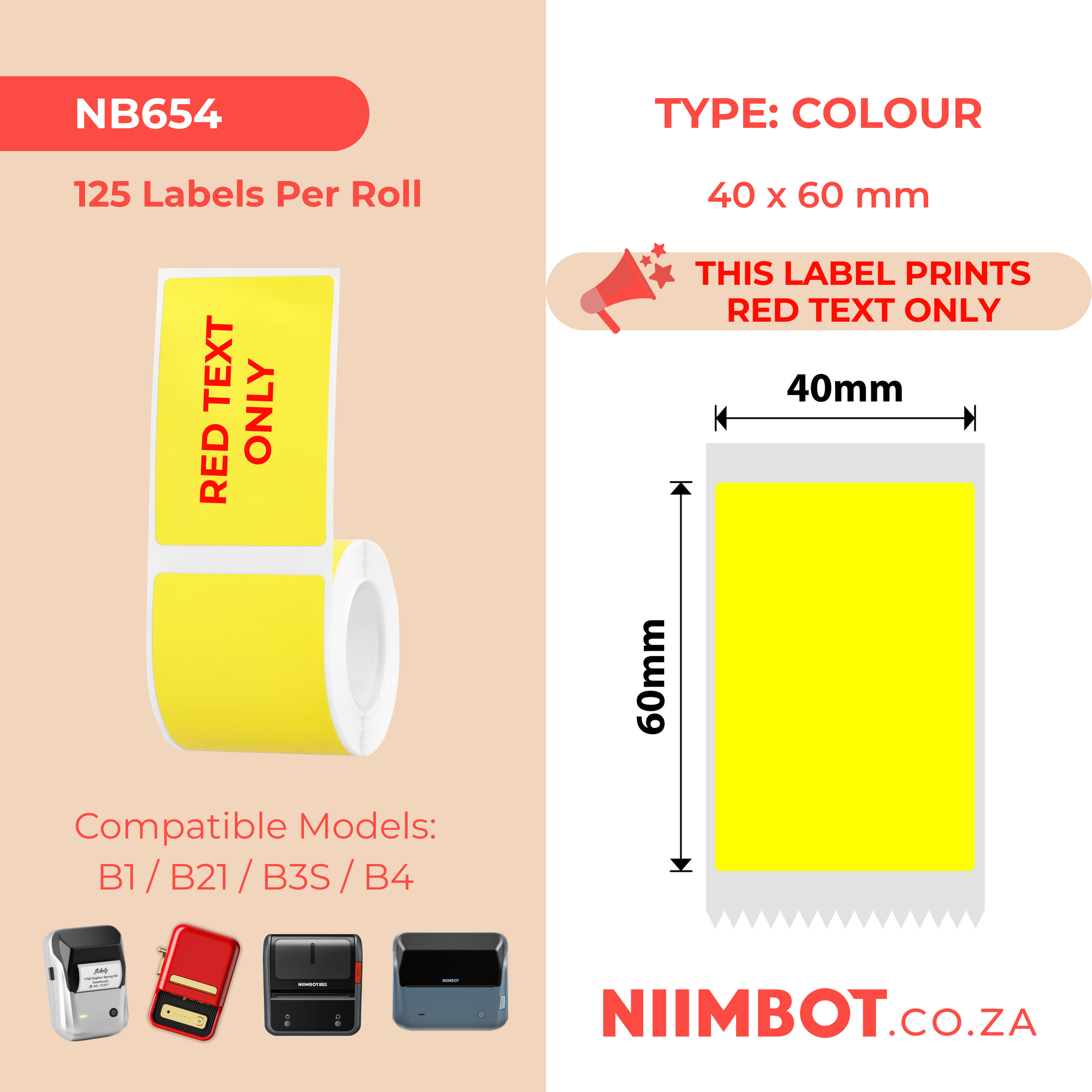 NB654 - NIIMBOT - B1 / B21 / B3S / B4 - T40X60 - 125 ETICHETTE PER ROTOLO - GIALLO - SOLO TESTO ROSSO - RETTANGOLO