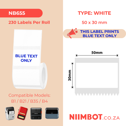 NB655 - NIIMBOT - B1 / B21 / B3S / B4 - T50X30 - 230 ETICHETTE PER ROTOLO - BIANCO - SOLO TESTO BLU - RETTANGOLO