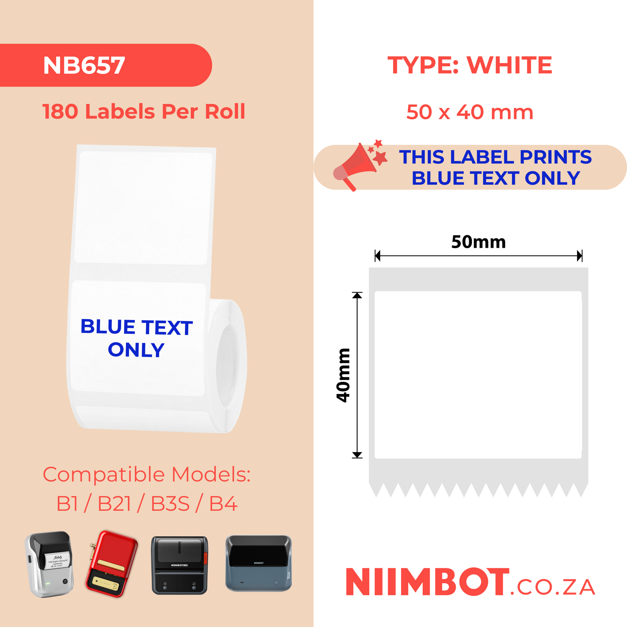 NB657 - NIIMBOT - B1 / B21 / B3S / B4 - T50X40 - 180 ÉTIQUETTES PAR ROULEAU - BLANCHES - TEXTE BLEU UNIQUEMENT - RECTANGULAIRES