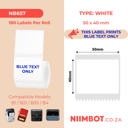 NB657 - NIIMBOT - B1 / B21 / B3S / B4 - T50X40 - 180 ÉTIQUETTES PAR ROULEAU - BLANCHES - TEXTE BLEU UNIQUEMENT - RECTANGULAIRES