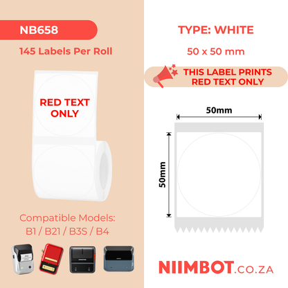 NB658 - NIIMBOT - B1 / B21 / B3S / B4 - T50X50 - 145 ETICHETTE PER ROTOLO - BIANCO - SOLO TESTO ROSSO - ROTONDO