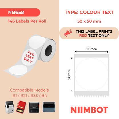 NIIMBOT - B Range - 50x50mm - White Round Red Text Only - 145 Labels