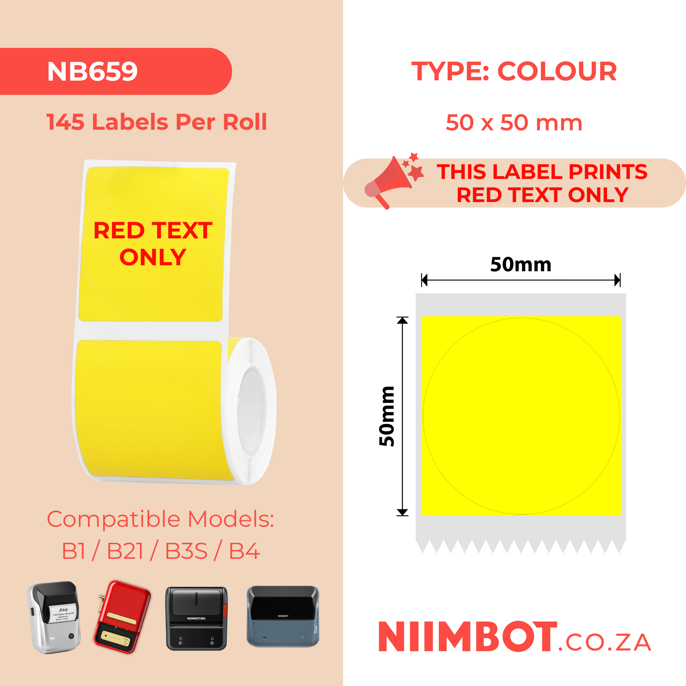 NB659 - NIIMBOT - B1 / B21 / B3S / B4 - T50X50 - 145 ETICHETTE PER ROTOLO - GIALLO - SOLO TESTO ROSSO - ROTONDO