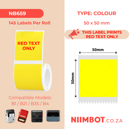 NB659 - NIIMBOT - B1 / B21 / B3S / B4 - T50X50 - 145 ETICHETTE PER ROTOLO - GIALLO - SOLO TESTO ROSSO - ROTONDO