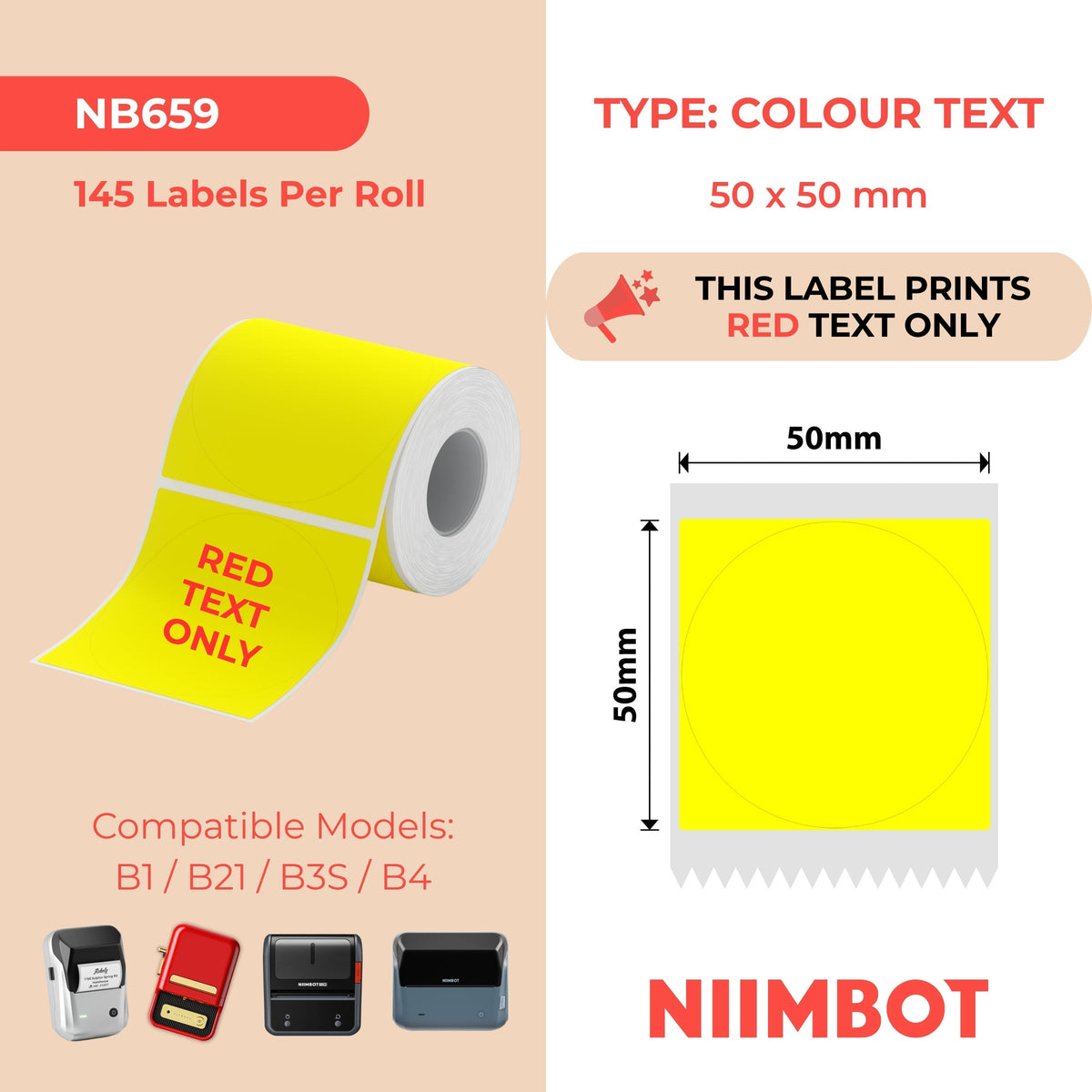 NB659 - NIIMBOT - B1 / B21 / B3S / B4 - T50X50 - 145 ÉTIQUETTES PAR ROULEAU - JAUNE - TEXTE ROUGE UNIQUEMENT - RONDES