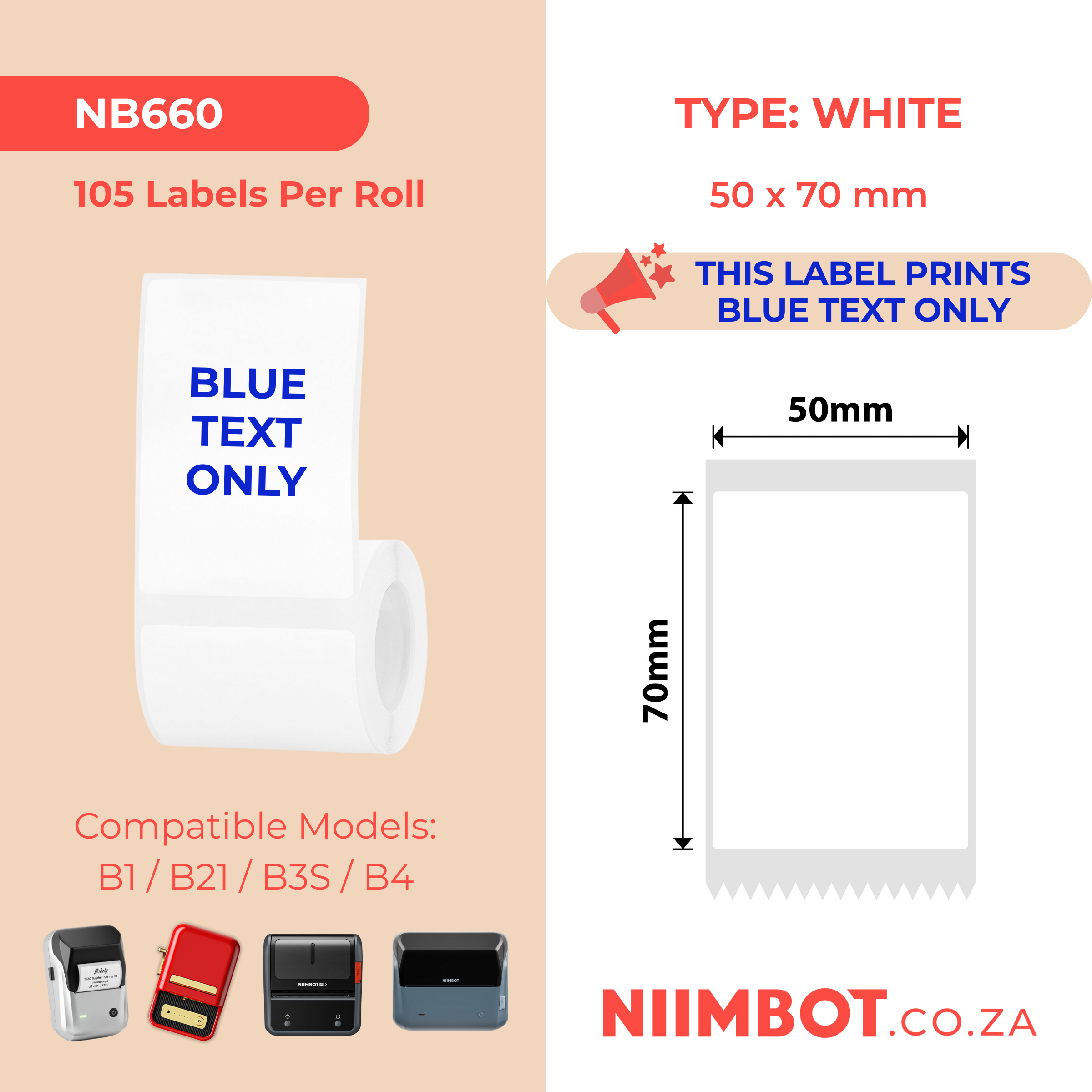 NB660 - NIIMBOT - B1 / B21 / B3S / B4 - 50X70MM - 105 WHITE BLUE TEXT ONLY LABELS