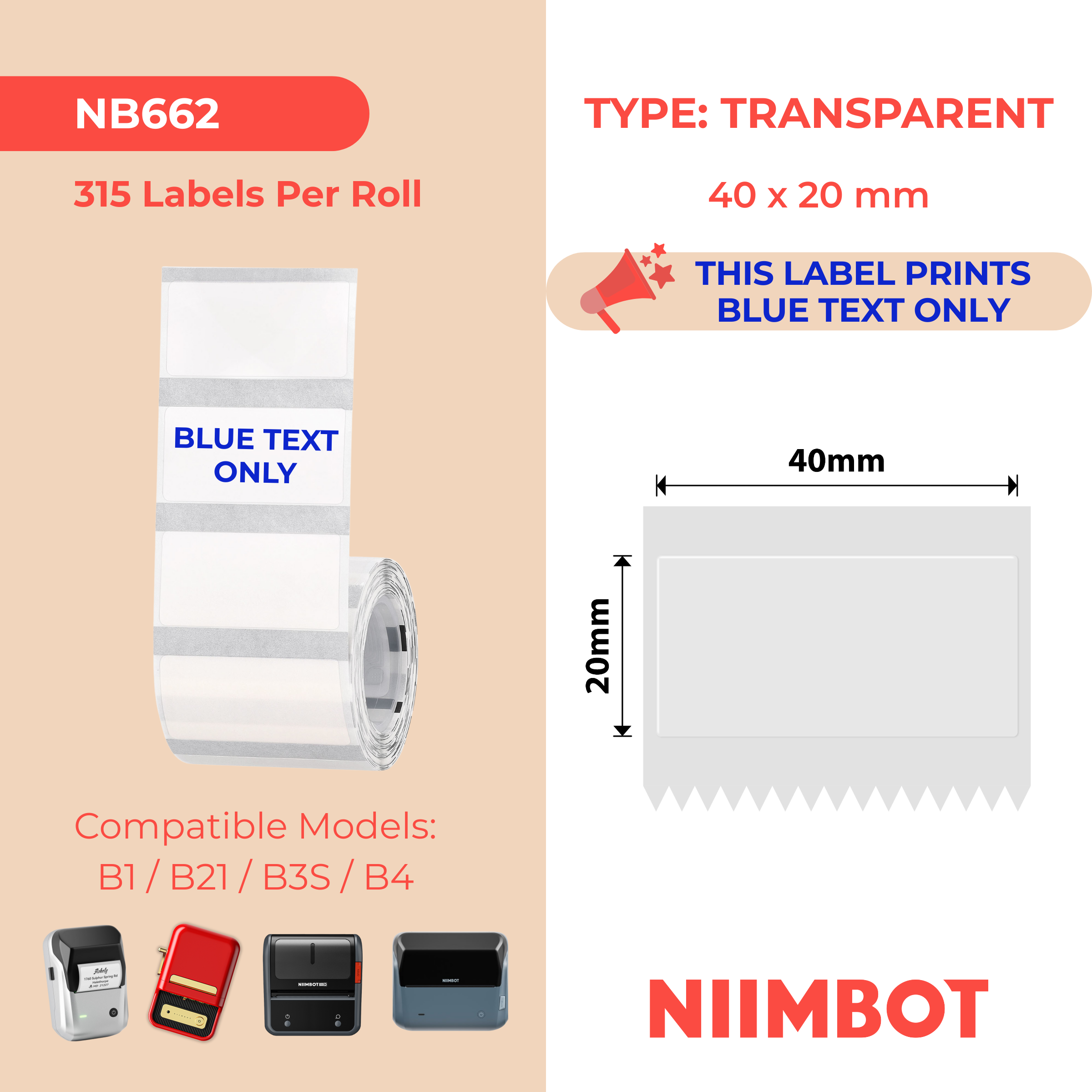 NB662 - NIIMBOT - B1 / B21 / B3S / B4 - TT40X20 - 315 ETICHETTE PER ROTOLO - TRASPARENTE - SOLO TESTO BLU - RETTANGOLO