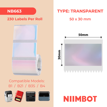 NB663 - NIIMBOT - B1 / B21 / B3S / B4 - TT50X30 - 230 ETICHETTE PER ROTOLO - BLU TRASPARENTE COLORATO - RETTANGOLO