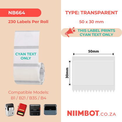 NB664 - NIIMBOT - B1 / B21 / B3S / B4 - TT50X30 - 230 étiquettes par rouleau - Transparentes - Texte cyan uniquement - Rectangle