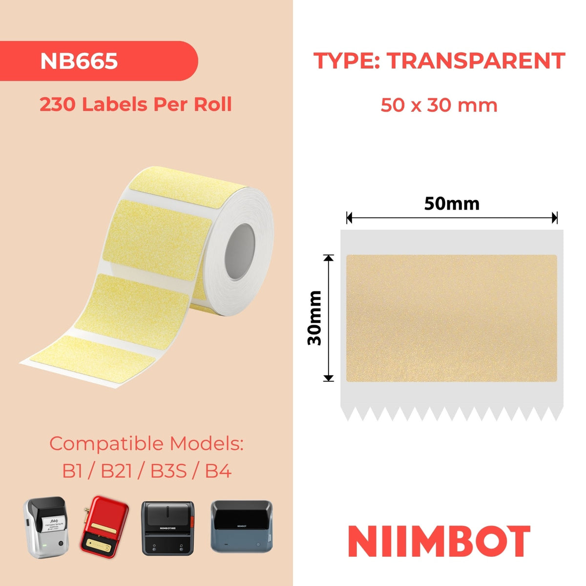 NB665 - NIIMBOT - B1 / B21 / B3S / B4 - TT50X30 - 230 ÉTIQUETTES PAR ROULEAU - TRANSPARENT DORÉ - RECTANGULAIRE