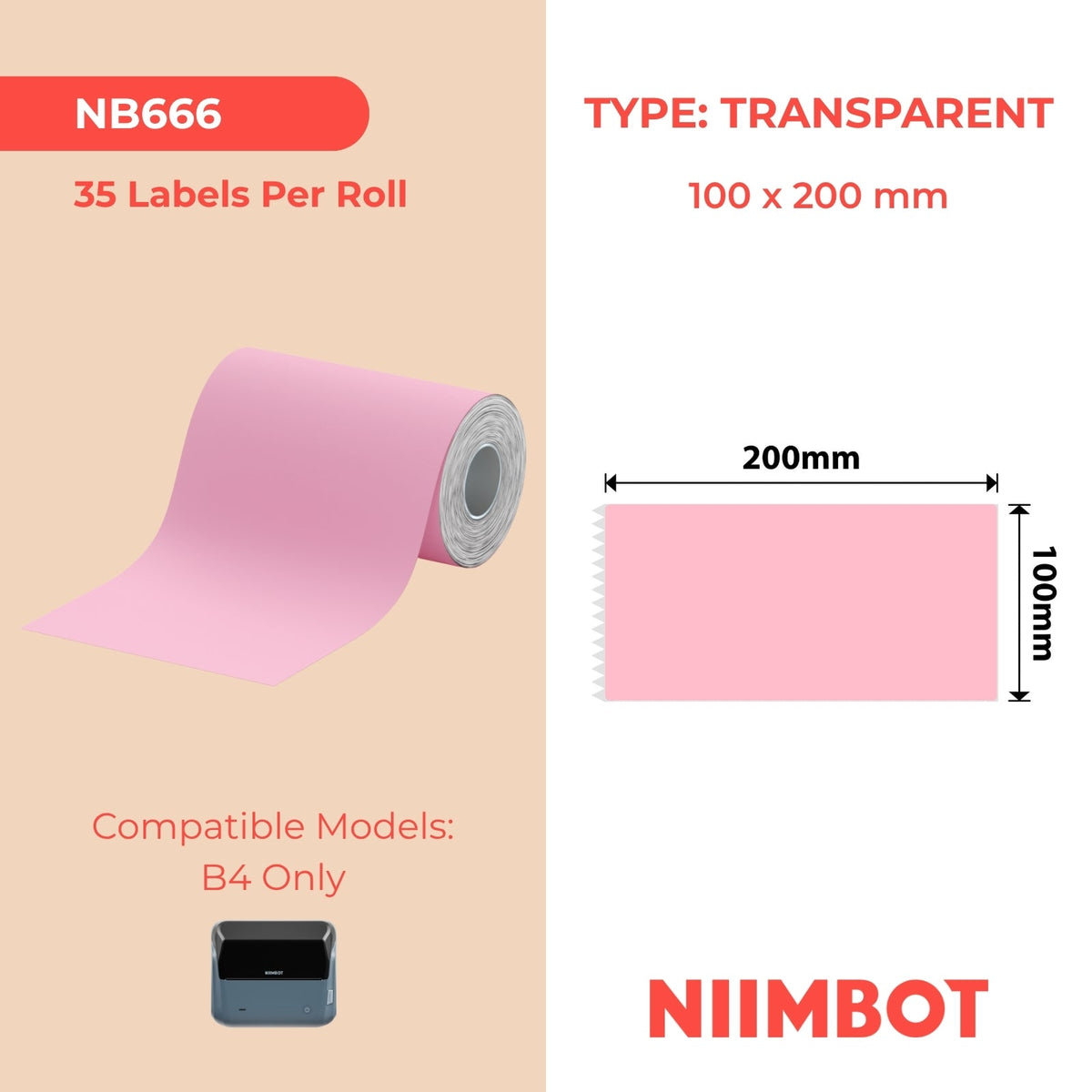 NIIMBOT - B4 Only - 100x200mm - Pink - 35 Labels