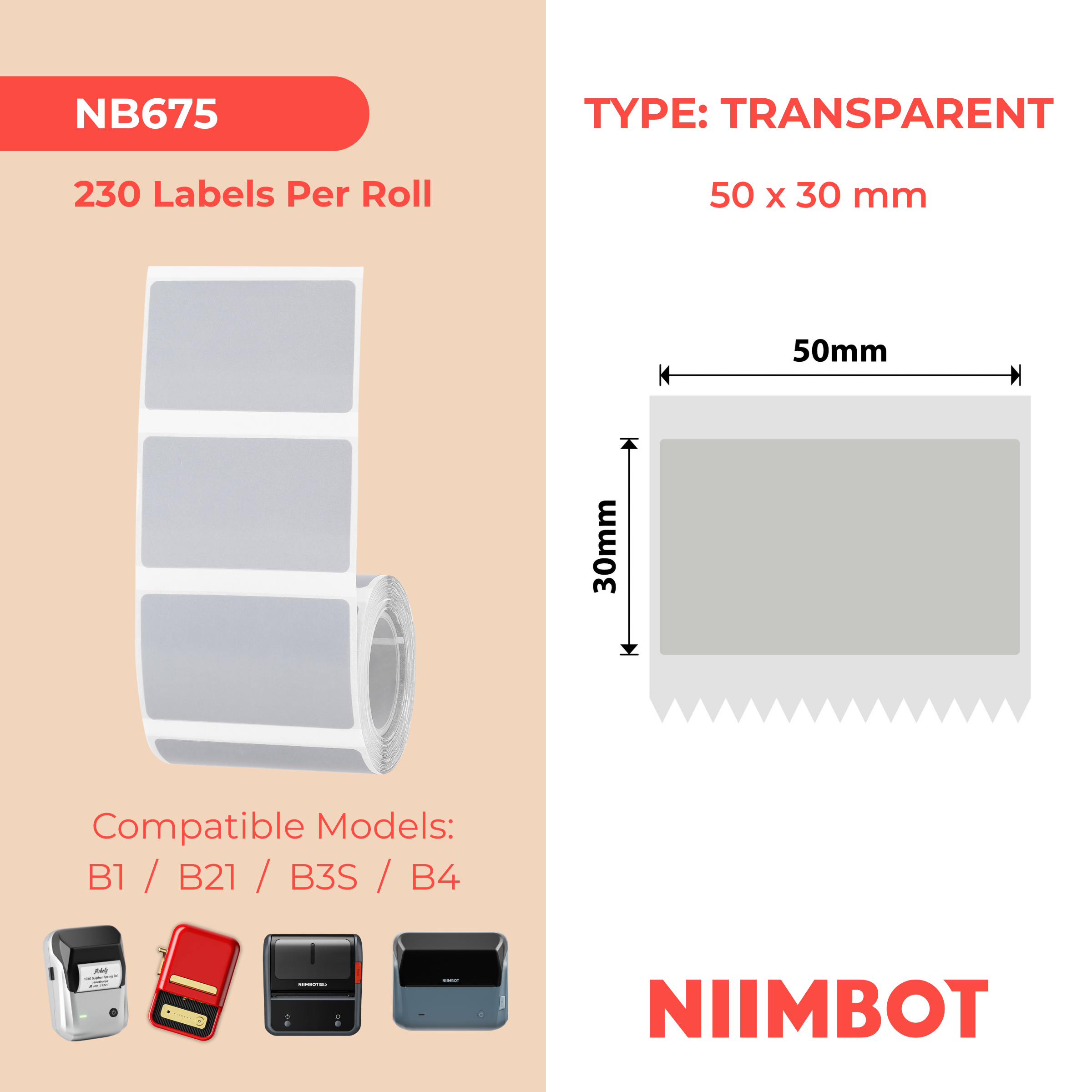 NB675 - NIIMBOT - B1 / B21 / B3S / B4 - TT50X30 - 230 ÉTIQUETTES - ARGENT TRANSPARENT