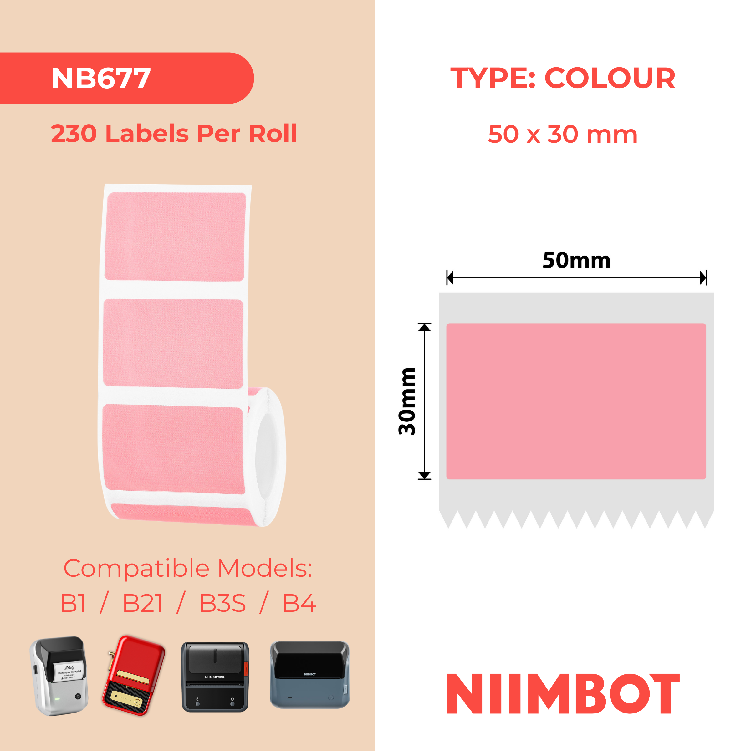 NB677 - NIIMBOT - B1 / B21 / B3S / B4 - T50X30 - 230 ETICHETTE - ROSA CHIARO