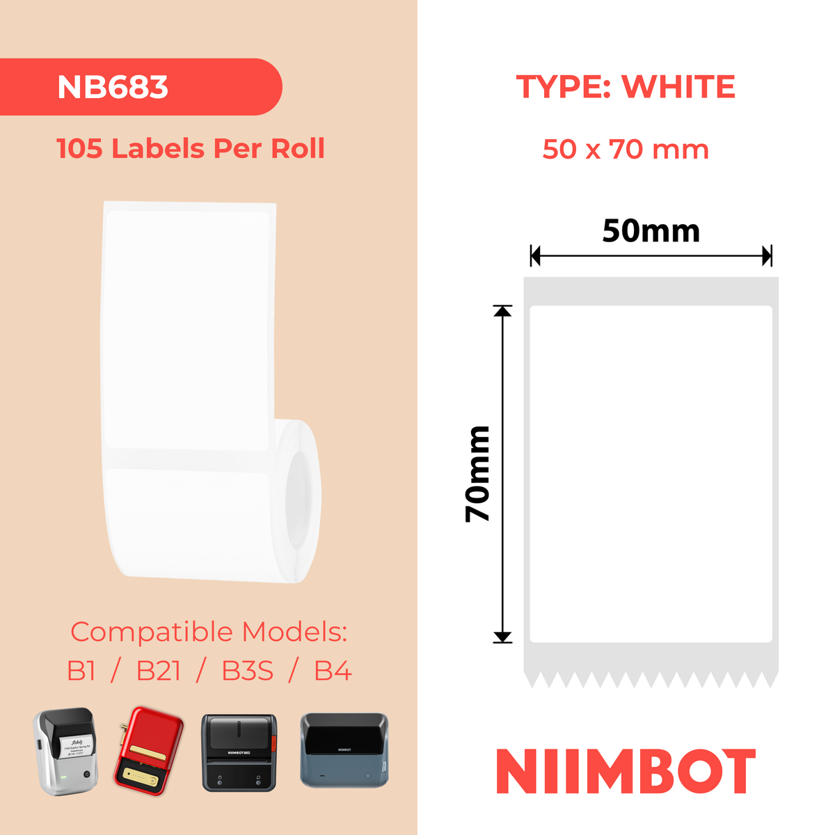 NIIMBOT - B Range - 50x70mm - White Extra Strong Adhesive - 105 Labels